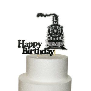 3D Locomotive Train Happy Birthday Black on Silver